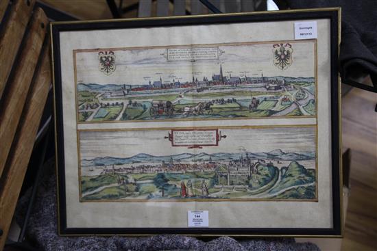 Braun and Hogenberg. Vienna Austriae Metropolis, a coloured engraved view of Vienna and Budapest, c.1635, 52 x 39.5cm